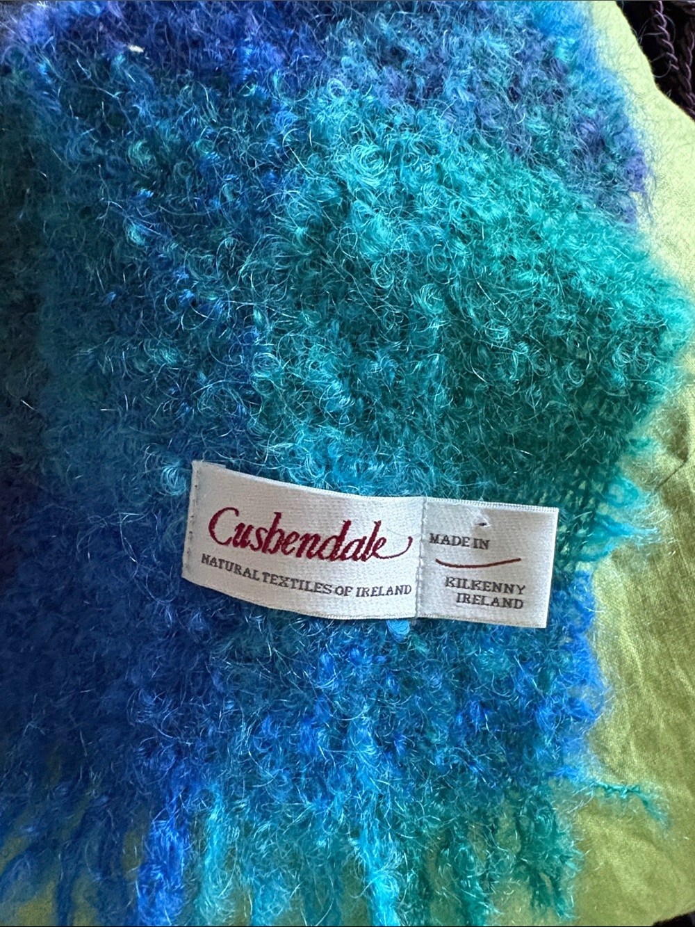 Mohair scarf in blues and greens plaid
